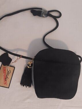STUDIO IMPORTS, BLACK LEATHER SUEDE LOOK CROSS BODY BAG W/ TASSLE NWT